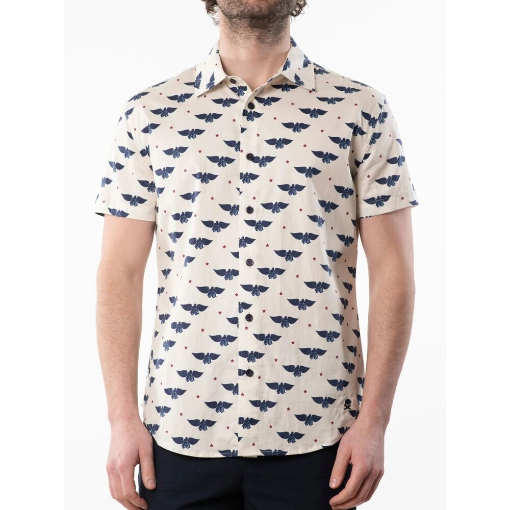 CRWTH Men's Moto Club Soft Cotton Button Down Shirt Vanilla White Multi L